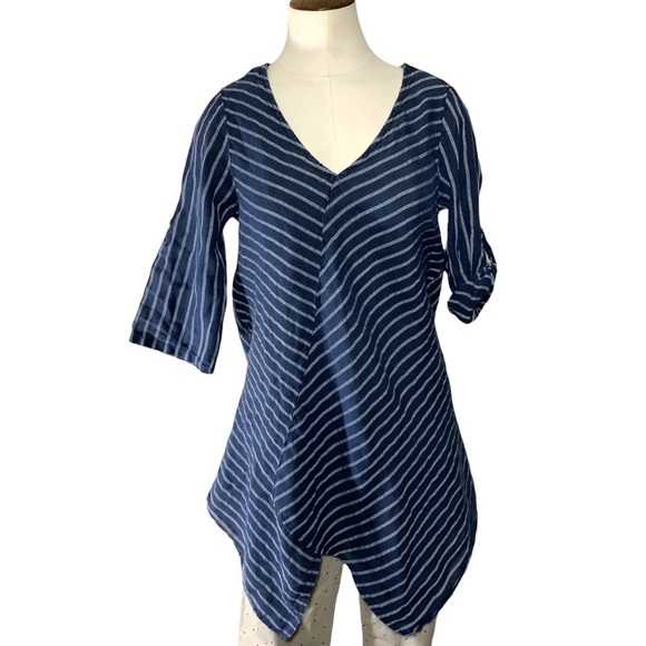 Lungo L' Arno Tops - 𝅺lungo Larno Costal Lagenlook  Linen Blue White Stripe Asymmetrical Tunic Top S